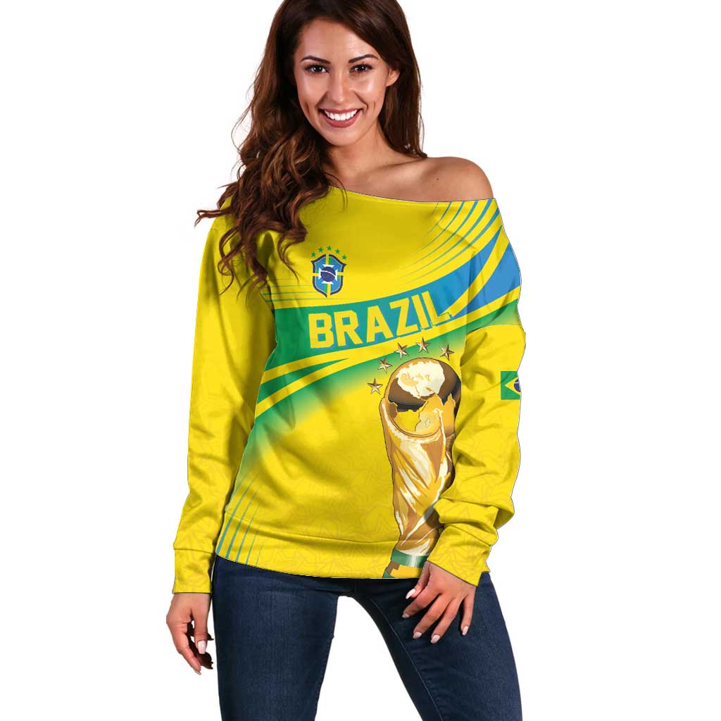 Brazil WC2026 Personalized Off Shoulder Sweater Pentacampeón Canaries