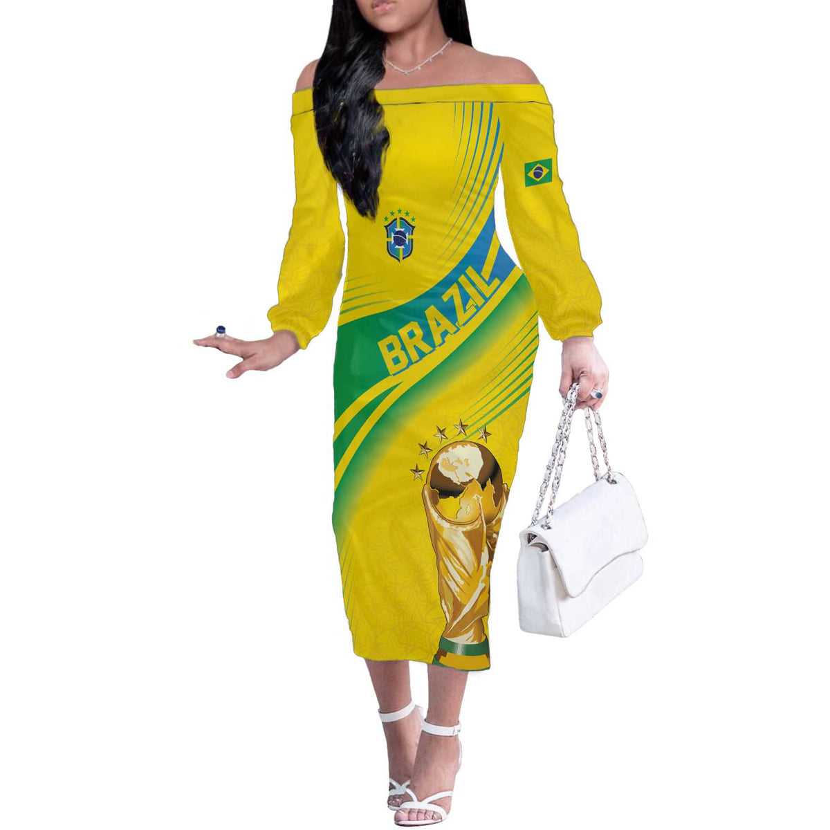 Brazil WC2026 Personalized Off The Shoulder Long Sleeve Dress Pentacampeón Canaries
