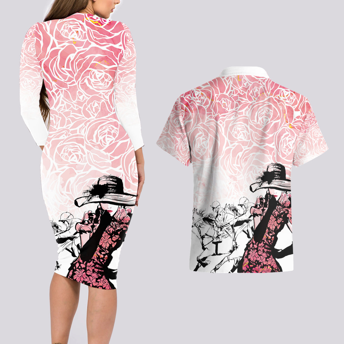 Kentucky Horse Racing Couples Matching Long Sleeve Bodycon Dress and Hawaiian Shirt Derby Girls Pink Out LT7 - Wonder Print Shop