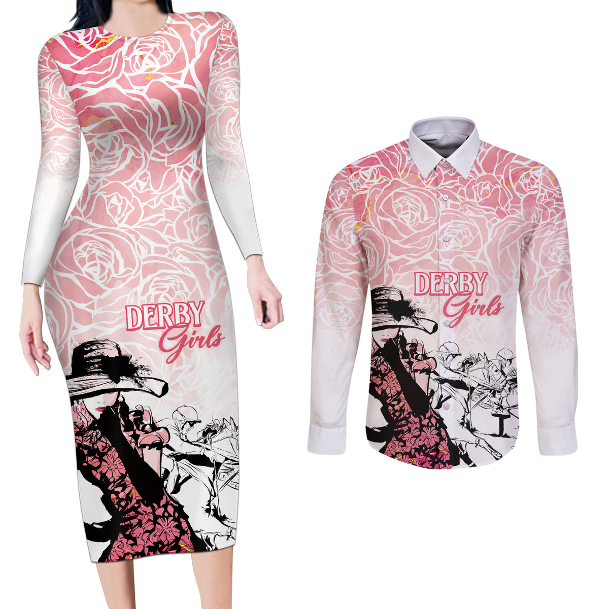 Kentucky Horse Racing Couples Matching Long Sleeve Bodycon Dress and Long Sleeve Button Shirt Derby Girls Pink Out LT7 - Wonder Print Shop