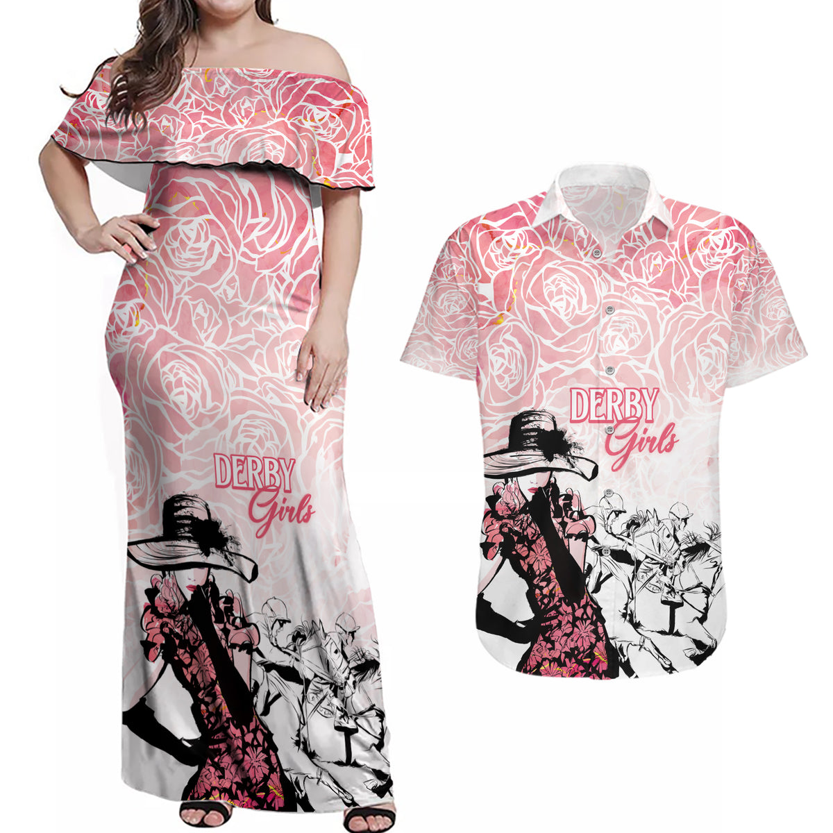 Kentucky Horse Racing Couples Matching Off Shoulder Maxi Dress and Hawaiian Shirt Derby Girls Pink Out LT7 - Wonder Print Shop