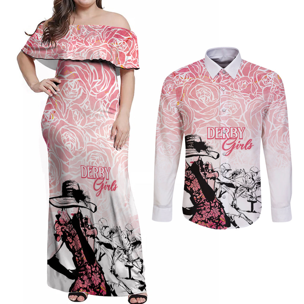 Kentucky Horse Racing Couples Matching Off Shoulder Maxi Dress and Long Sleeve Button Shirt Derby Girls Pink Out LT7 - Wonder Print Shop