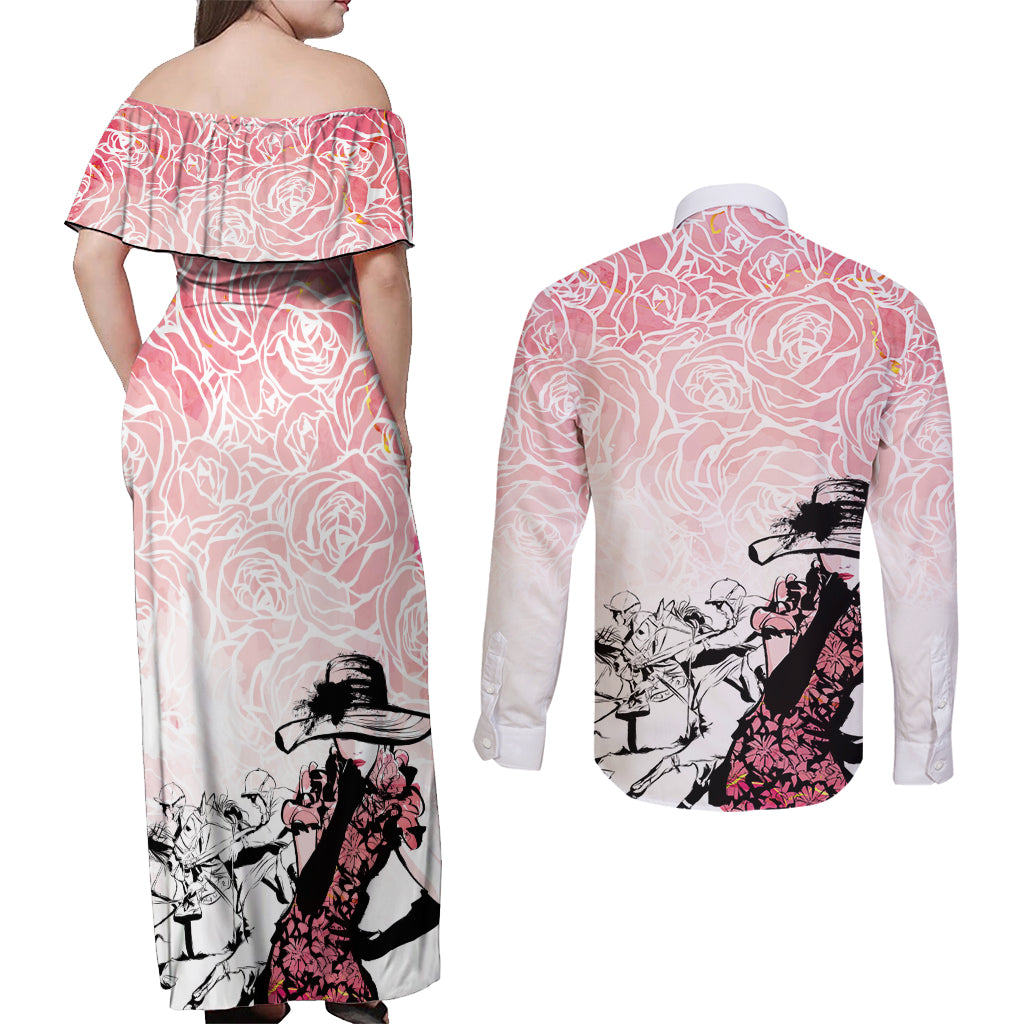 Kentucky Horse Racing Couples Matching Off Shoulder Maxi Dress and Long Sleeve Button Shirt Derby Girls Pink Out LT7 - Wonder Print Shop