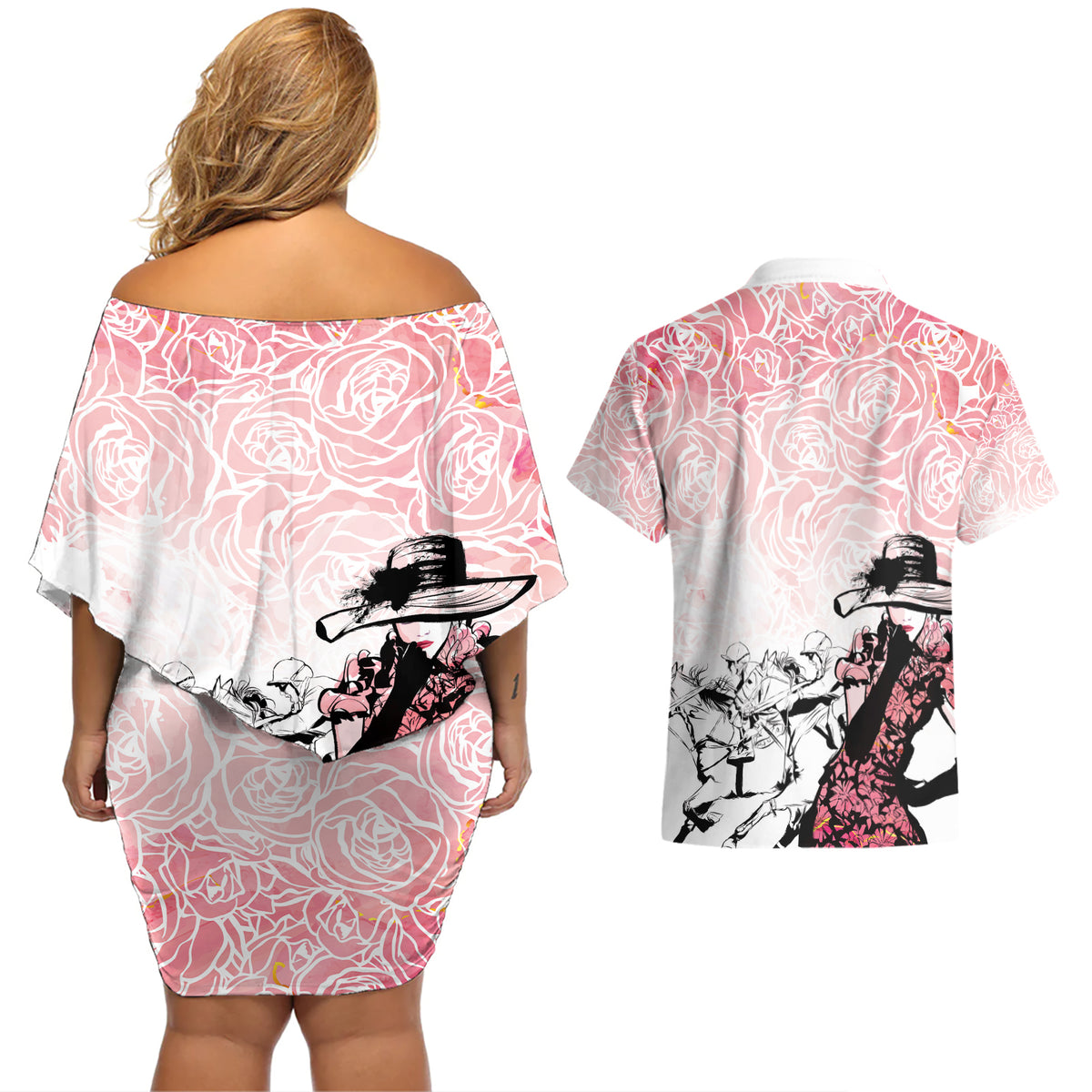 Kentucky Horse Racing Couples Matching Off Shoulder Short Dress and Hawaiian Shirt Derby Girls Pink Out LT7 - Wonder Print Shop