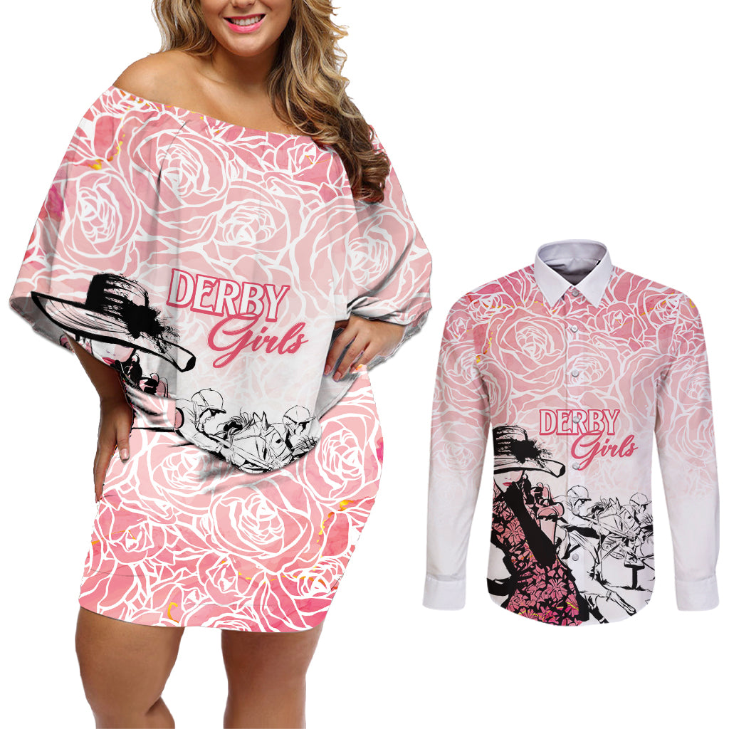 Kentucky Horse Racing Couples Matching Off Shoulder Short Dress and Long Sleeve Button Shirt Derby Girls Pink Out LT7 - Wonder Print Shop