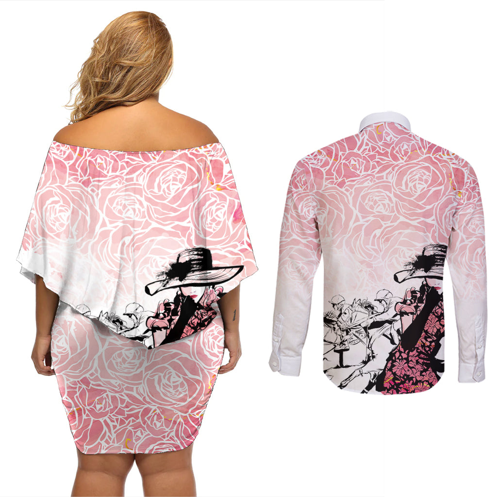 Kentucky Horse Racing Couples Matching Off Shoulder Short Dress and Long Sleeve Button Shirt Derby Girls Pink Out LT7 - Wonder Print Shop
