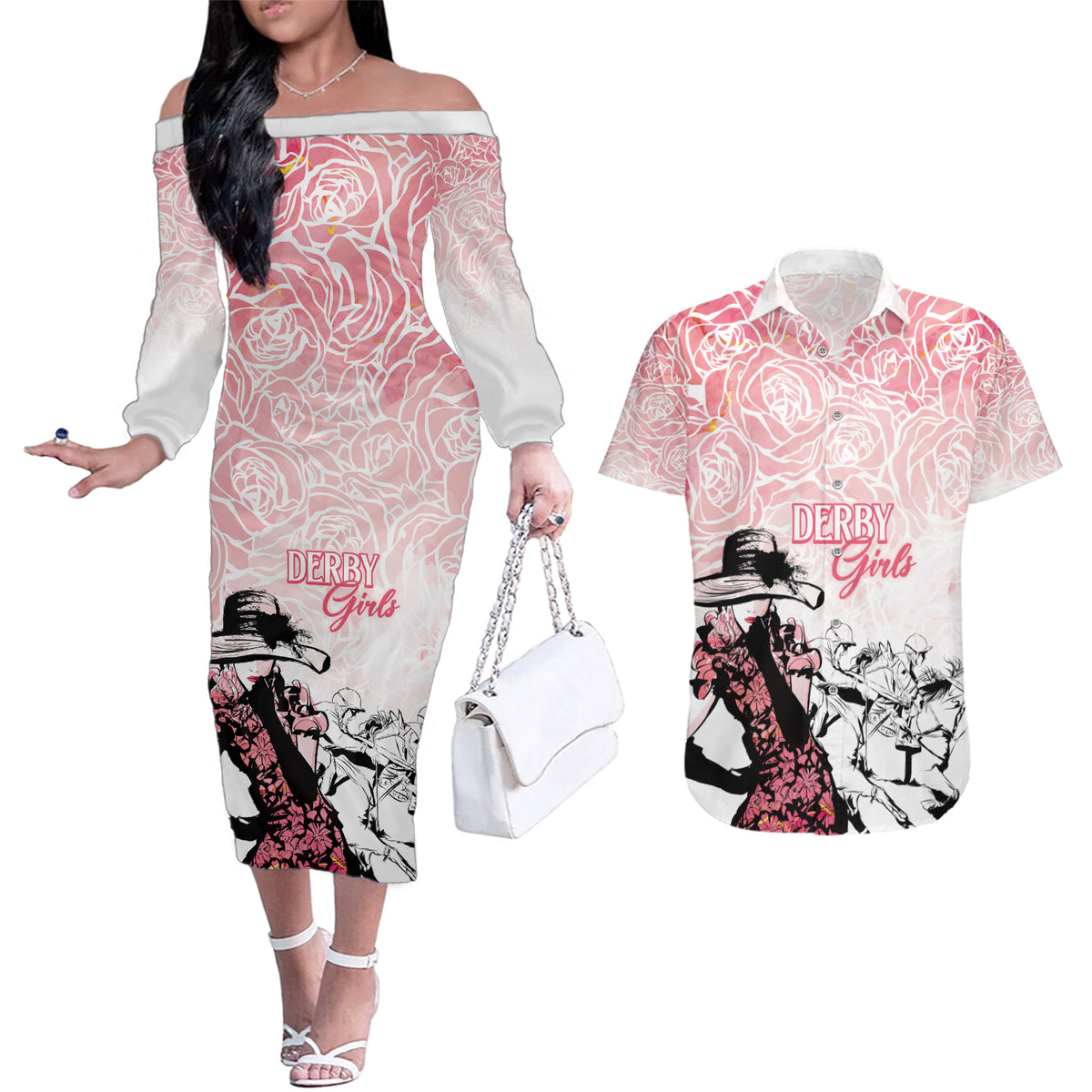Kentucky Horse Racing Couples Matching Off The Shoulder Long Sleeve Dress and Hawaiian Shirt Derby Girls Pink Out LT7 - Wonder Print Shop