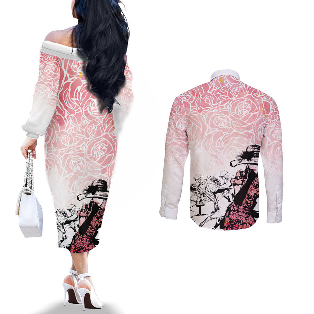 Kentucky Horse Racing Couples Matching Off The Shoulder Long Sleeve Dress and Long Sleeve Button Shirt Derby Girls Pink Out