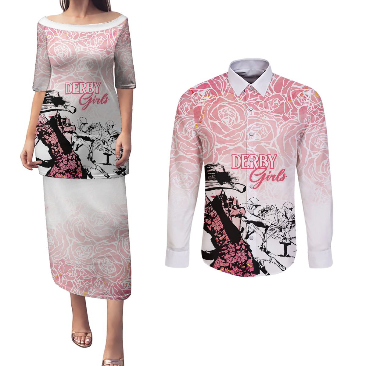 Kentucky Horse Racing Couples Matching Puletasi and Long Sleeve Button Shirt Derby Girls Pink Out LT7 - Wonder Print Shop