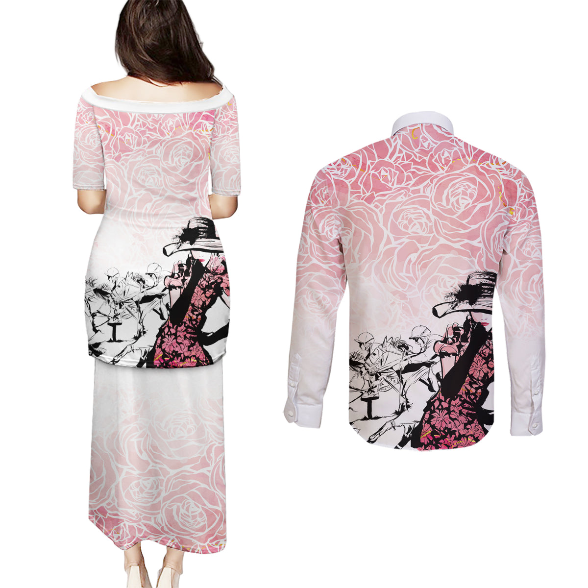 Kentucky Horse Racing Couples Matching Puletasi and Long Sleeve Button Shirt Derby Girls Pink Out LT7 - Wonder Print Shop