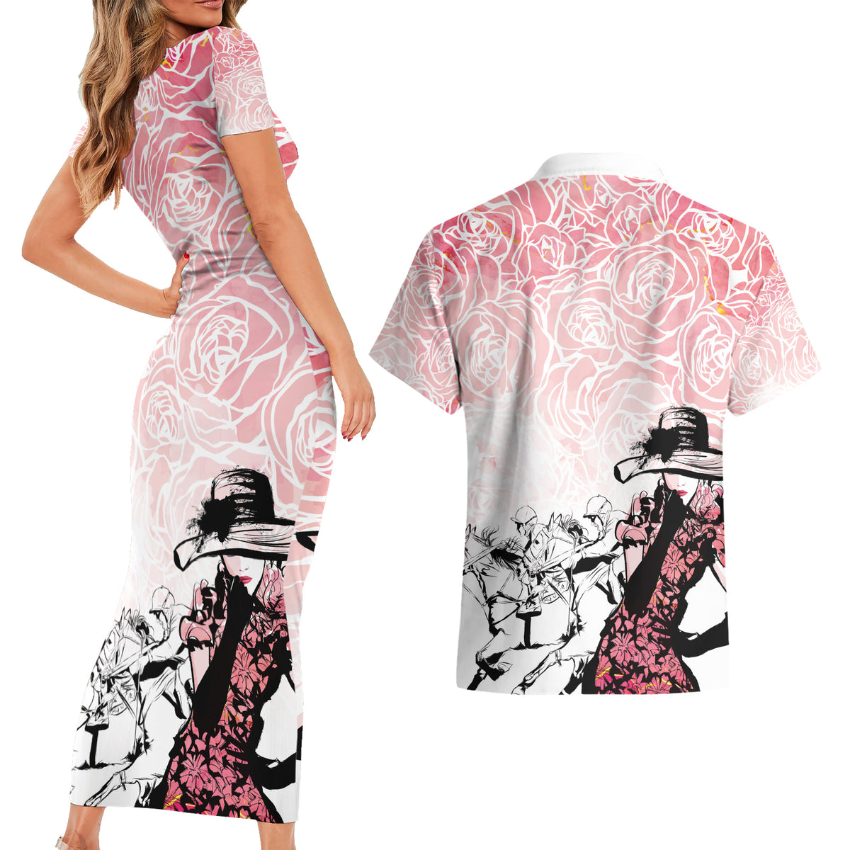 Kentucky Horse Racing Couples Matching Short Sleeve Bodycon Dress and Hawaiian Shirt Derby Girls Pink Out LT7 - Wonder Print Shop