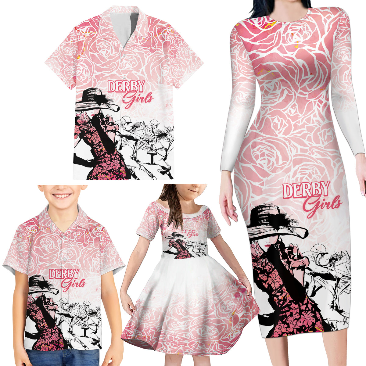 Kentucky Horse Racing Family Matching Long Sleeve Bodycon Dress and Hawaiian Shirt Derby Girls Pink Out LT7 - Wonder Print Shop