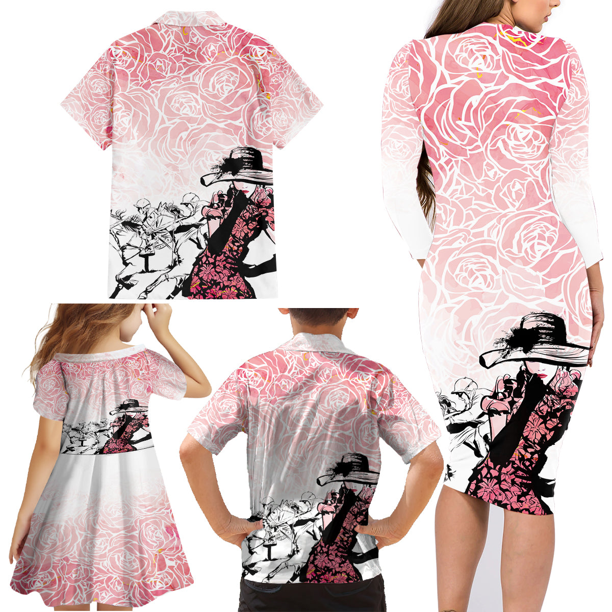Kentucky Horse Racing Family Matching Long Sleeve Bodycon Dress and Hawaiian Shirt Derby Girls Pink Out LT7 - Wonder Print Shop