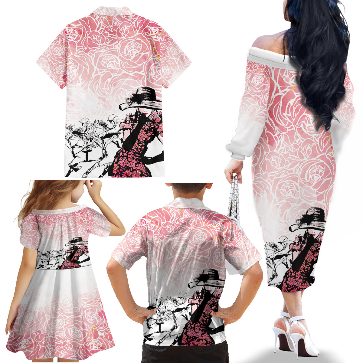 Kentucky Horse Racing Family Matching Off The Shoulder Long Sleeve Dress and Hawaiian Shirt Derby Girls Pink Out - Wonder Print Shop