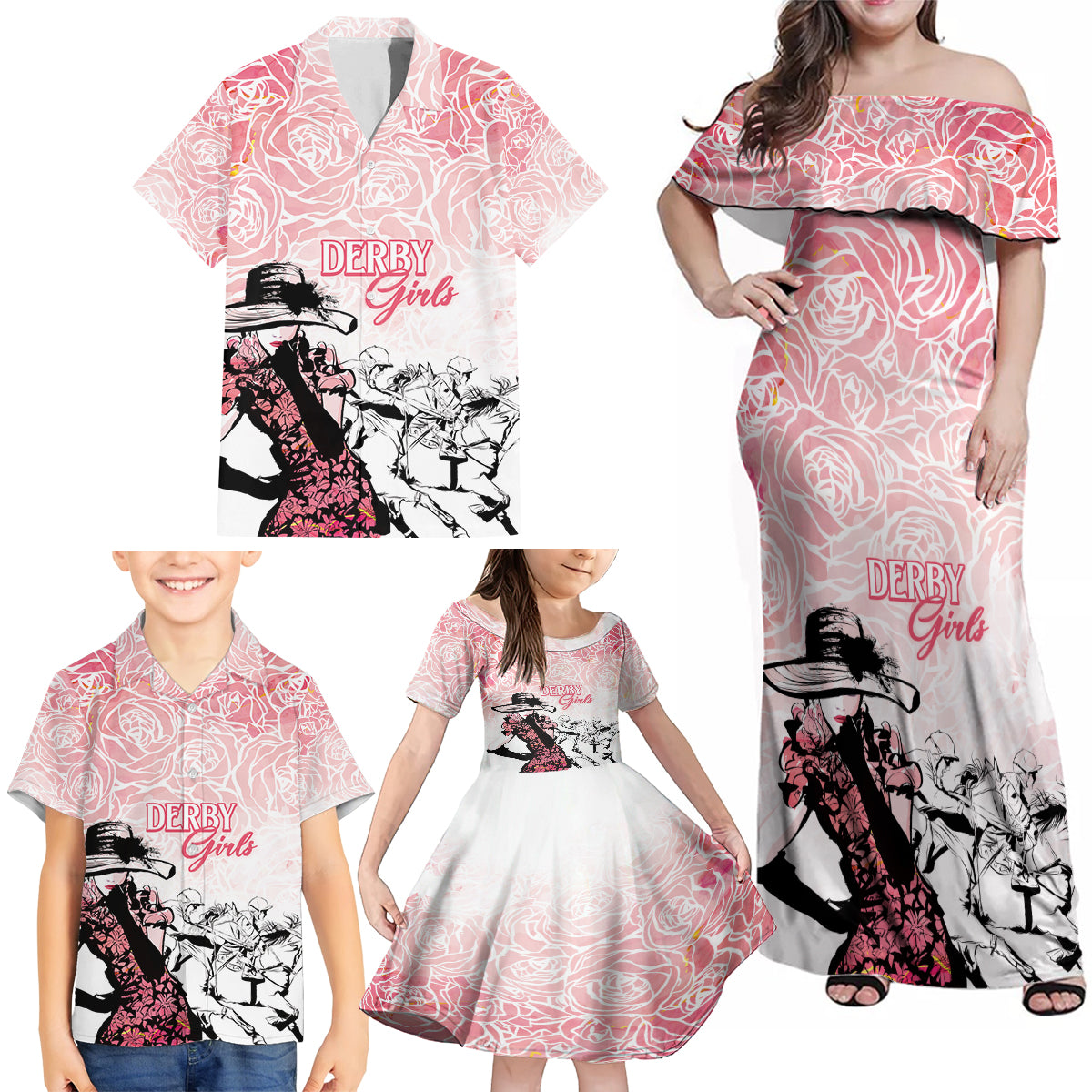 Kentucky Horse Racing Family Matching Off Shoulder Maxi Dress and Hawaiian Shirt Derby Girls Pink Out LT7 - Wonder Print Shop