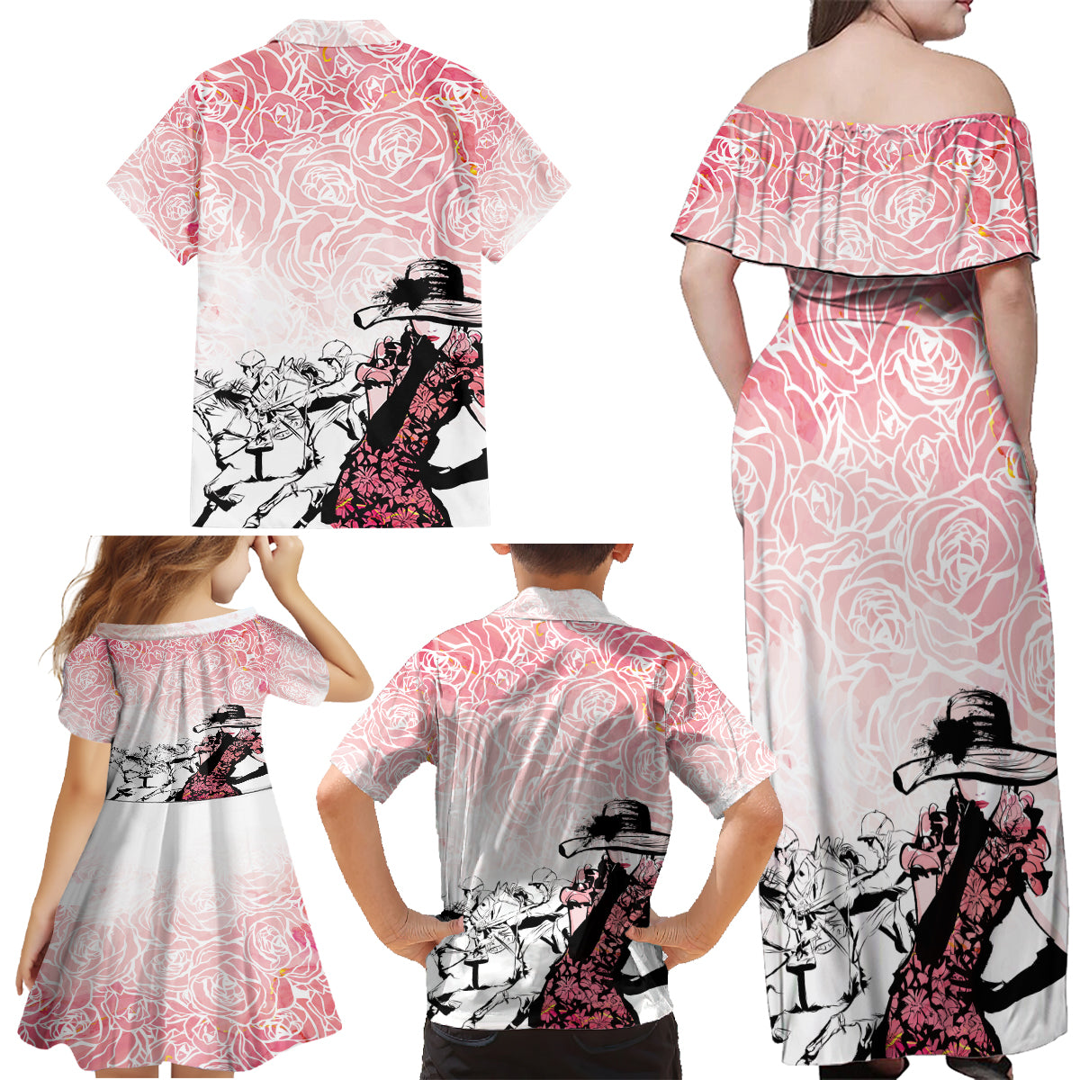 Kentucky Horse Racing Family Matching Off Shoulder Maxi Dress and Hawaiian Shirt Derby Girls Pink Out LT7 - Wonder Print Shop