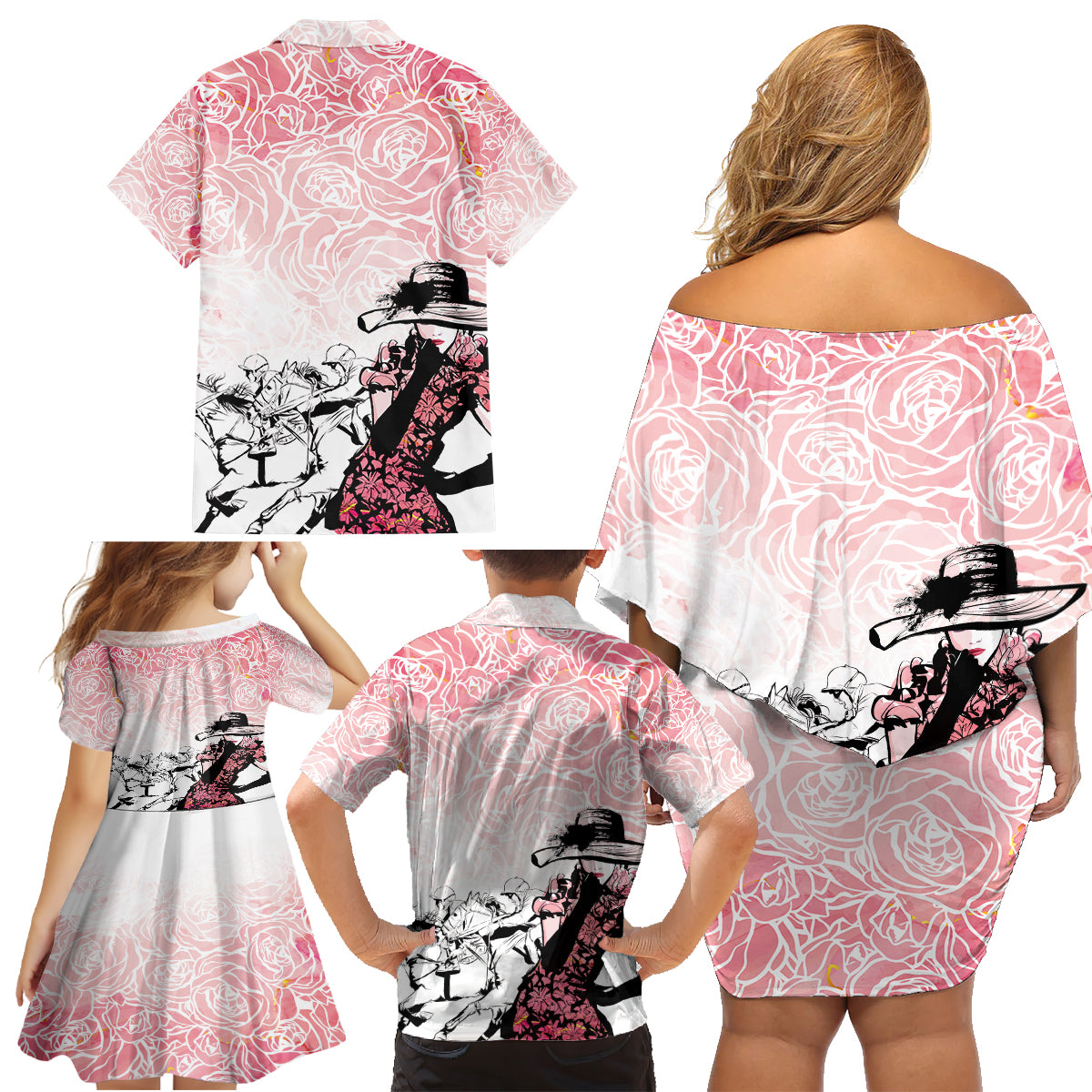 Kentucky Horse Racing Family Matching Off Shoulder Short Dress and Hawaiian Shirt Derby Girls Pink Out LT7 - Wonder Print Shop