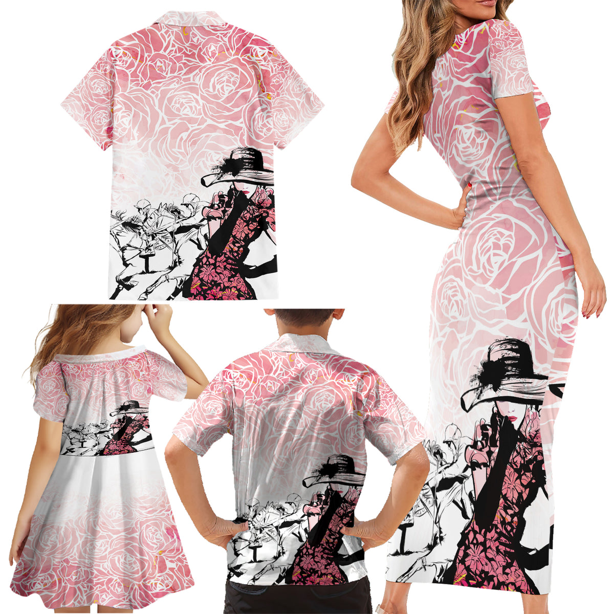 Kentucky Horse Racing Family Matching Short Sleeve Bodycon Dress and Hawaiian Shirt Derby Girls Pink Out - Wonder Print Shop