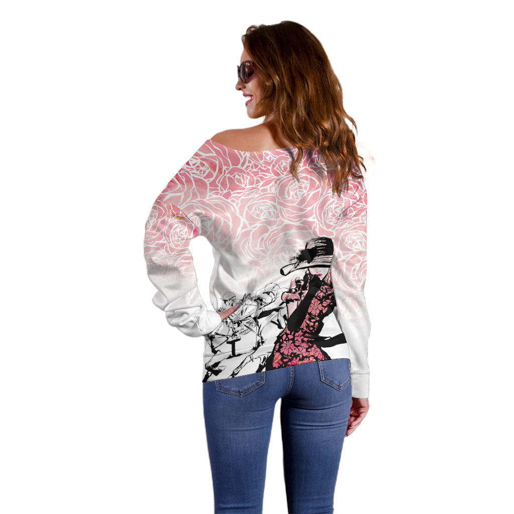 Kentucky Horse Racing Off Shoulder Sweater Derby Girls Pink Out - Wonder Print Shop