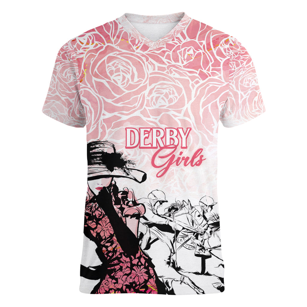 Kentucky Horse Racing Women V-Neck T-Shirt Derby Girls Pink Out - Wonder Print Shop