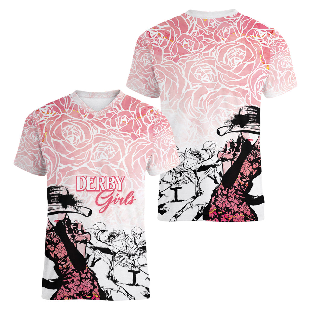 Kentucky Horse Racing Women V-Neck T-Shirt Derby Girls Pink Out - Wonder Print Shop