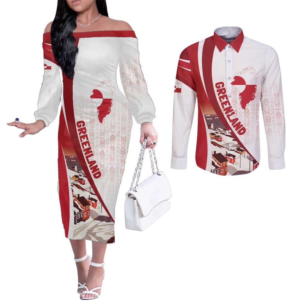 Personalized Greenland Couples Matching Off The Shoulder Long Sleeve Dress and Long Sleeve Button Shirt Tupilaks Inspired