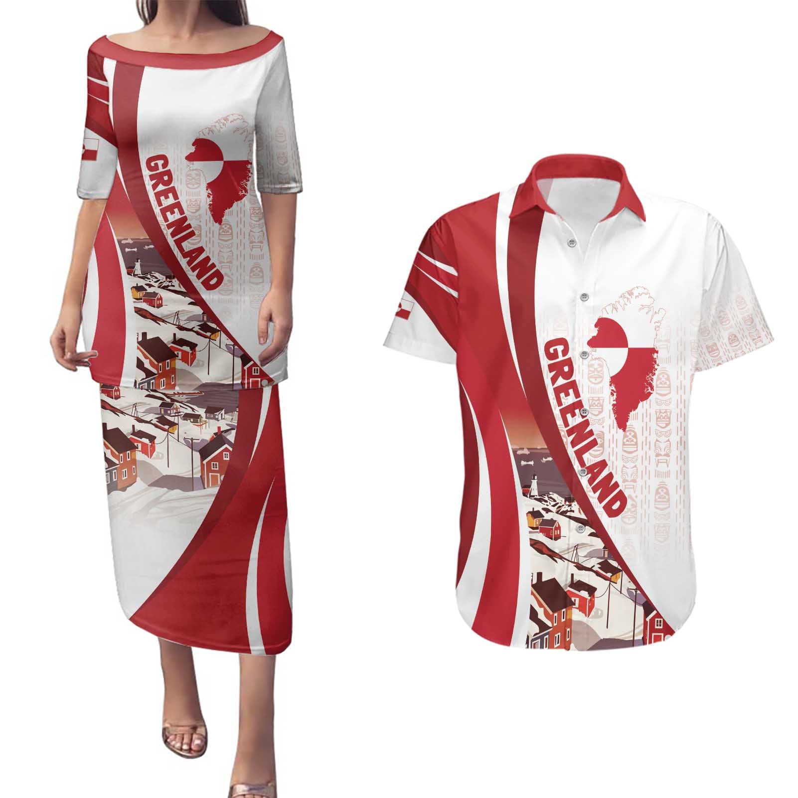 Personalized Greenland Couples Matching Puletasi and Hawaiian Shirt Tupilaks Inspired