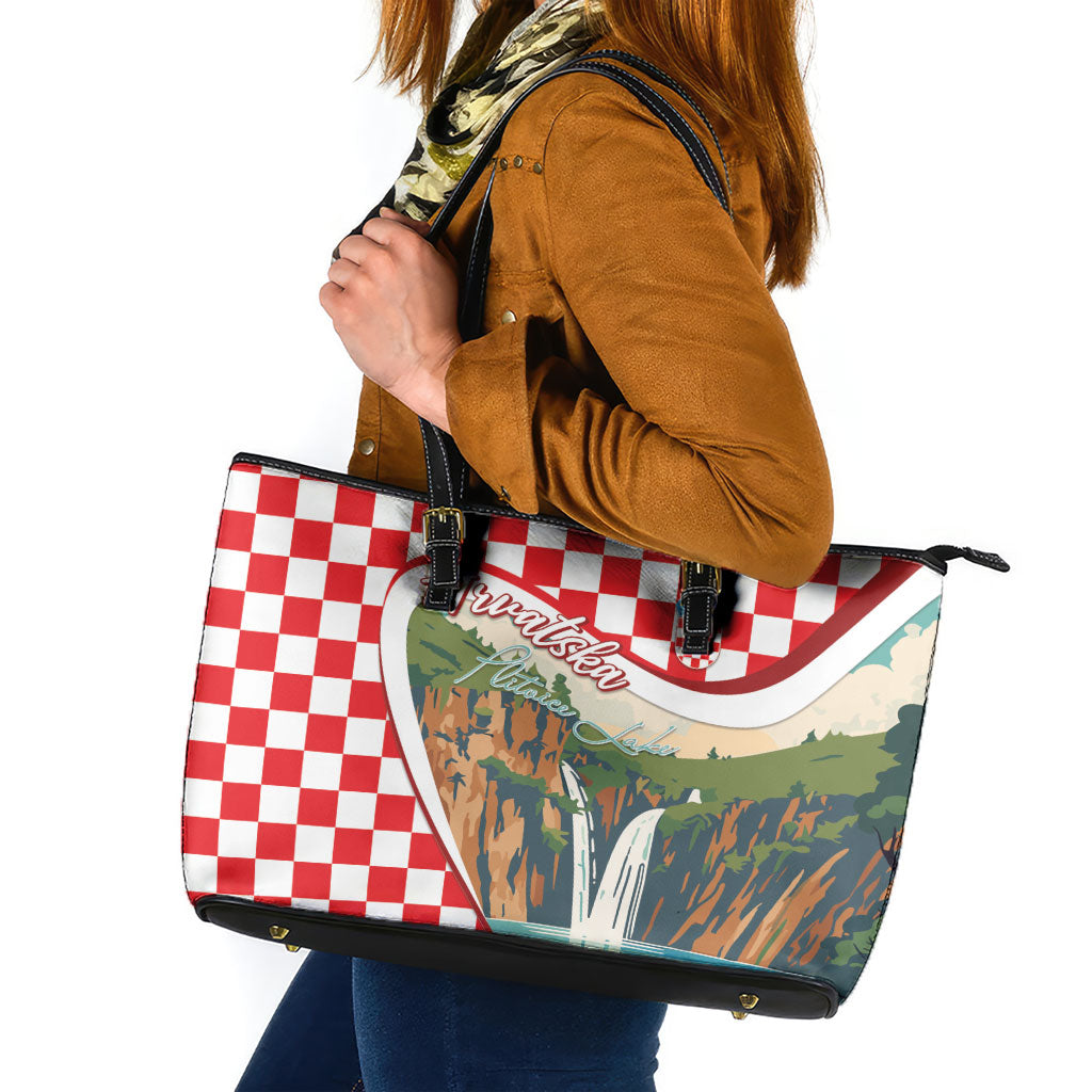 Plitvice Waterfall Hrvatska Scenery Leather Tote Bag