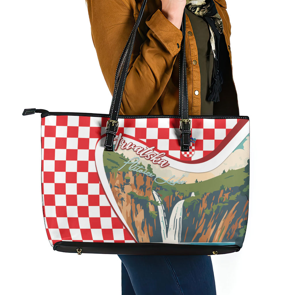 Plitvice Waterfall Hrvatska Scenery Leather Tote Bag