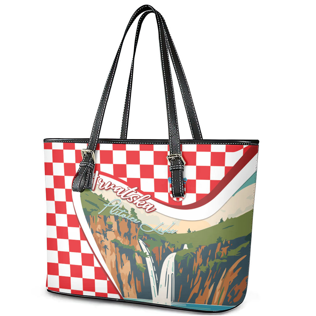 Plitvice Waterfall Hrvatska Scenery Leather Tote Bag
