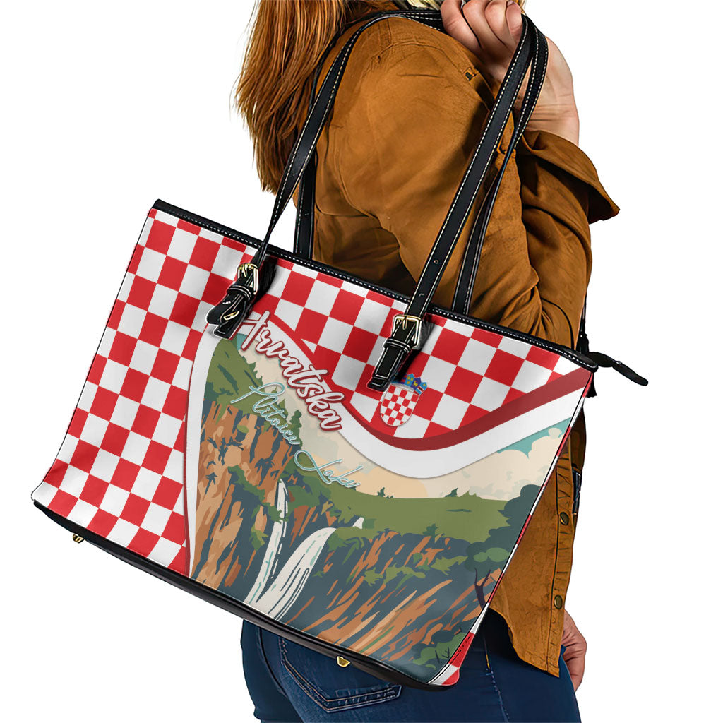 Plitvice Waterfall Hrvatska Scenery Leather Tote Bag
