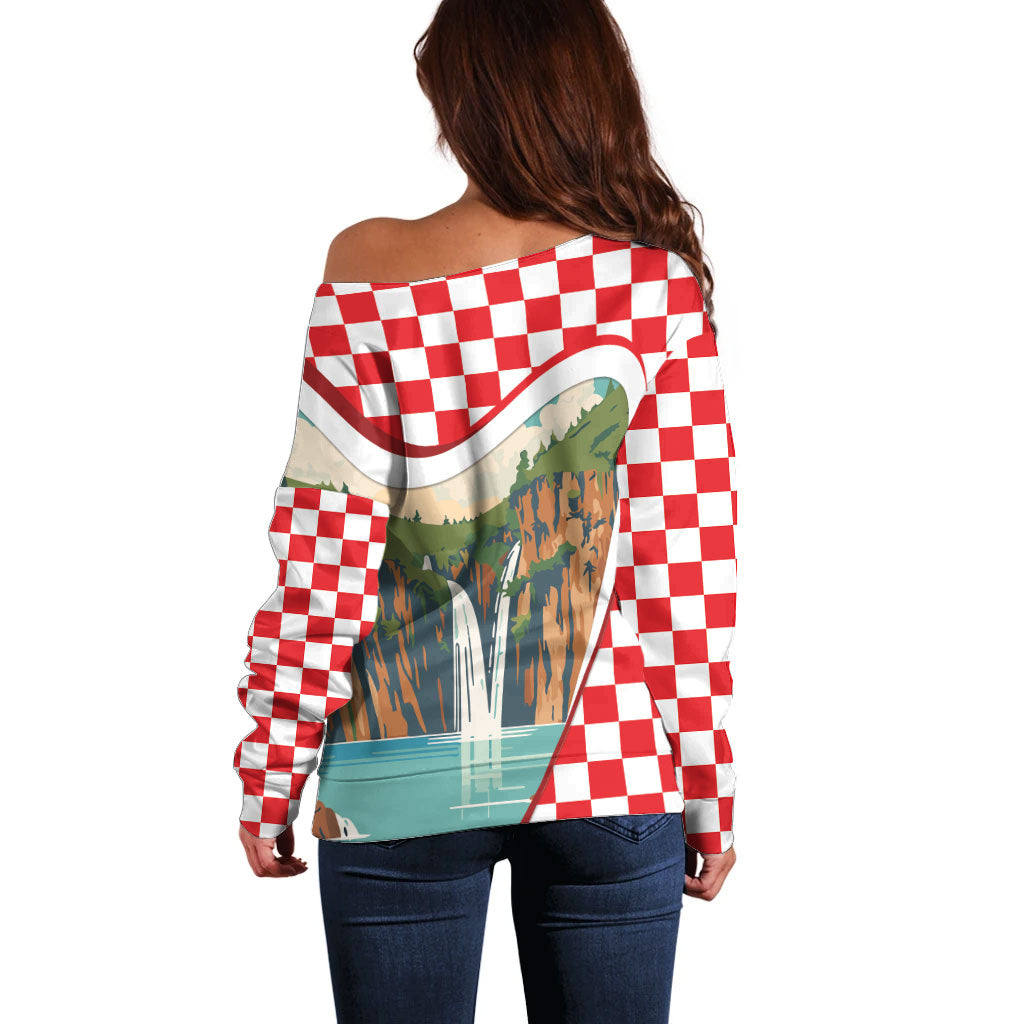 Plitvice Waterfall Hrvatska Scenery Off Shoulder Sweater