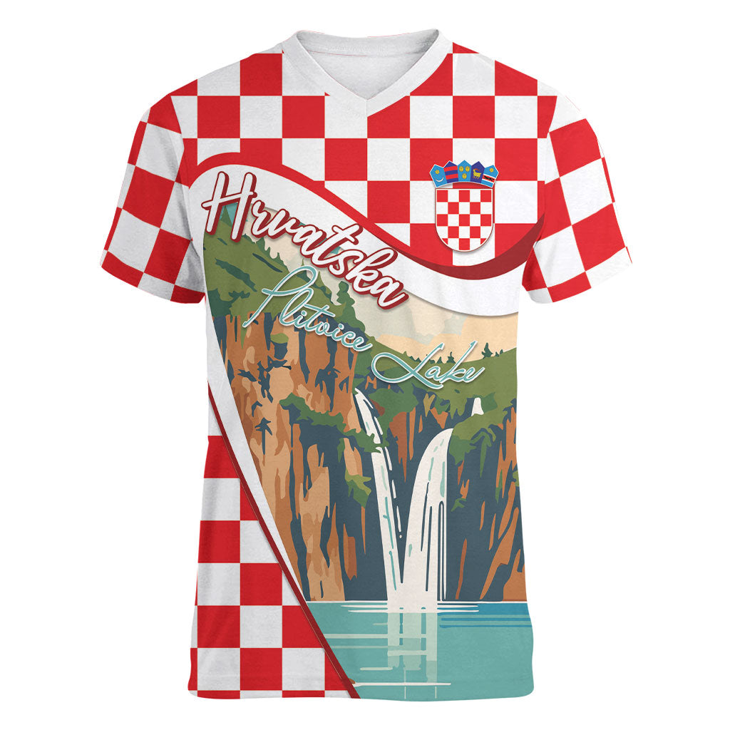 Plitvice Waterfall Hrvatska Scenery Women V-Neck T-Shirt