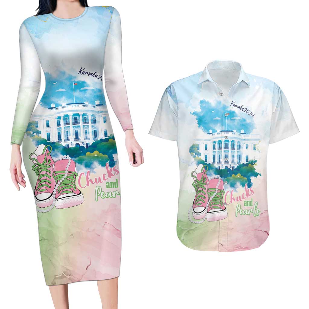 Chucks N Pearls 2024 Couples Matching Long Sleeve Bodycon Dress and Hawaiian Shirt Pink Green Rocking The World LT7 - Wonder Print Shop