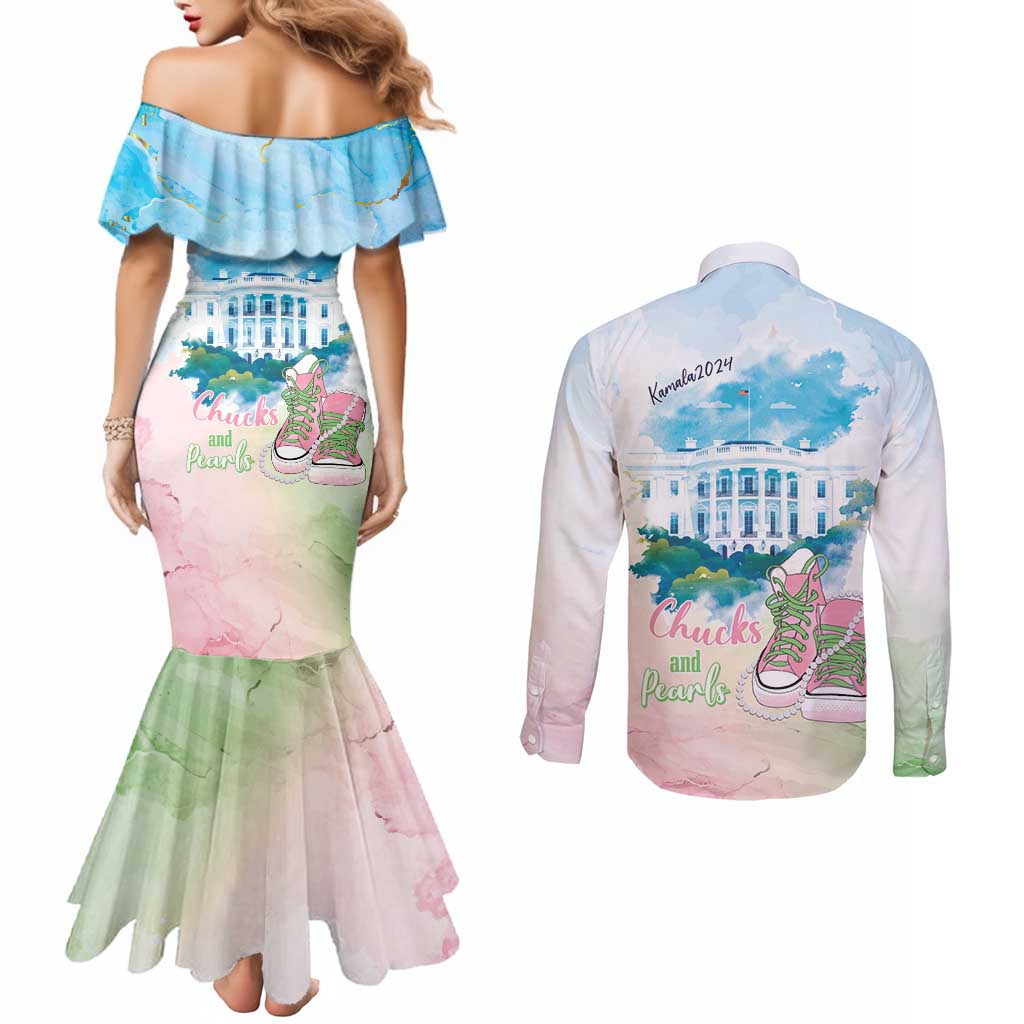 Chucks N Pearls 2024 Couples Matching Mermaid Dress and Long Sleeve Button Shirt Pink Green Rocking The World