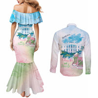 Chucks N Pearls 2024 Couples Matching Mermaid Dress and Long Sleeve Button Shirt Pink Green Rocking The World