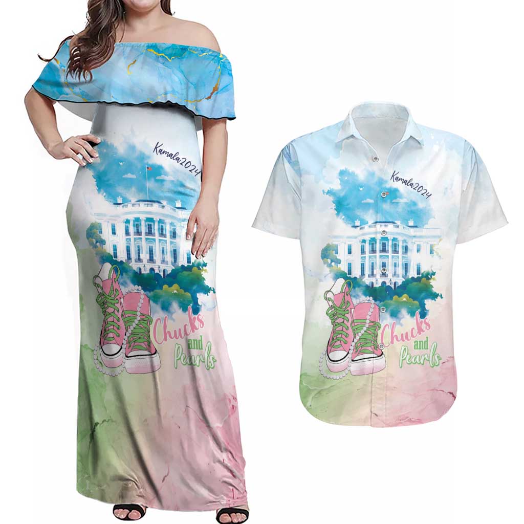 Chucks N Pearls 2024 Couples Matching Off Shoulder Maxi Dress and Hawaiian Shirt Pink Green Rocking The World LT7 - Wonder Print Shop