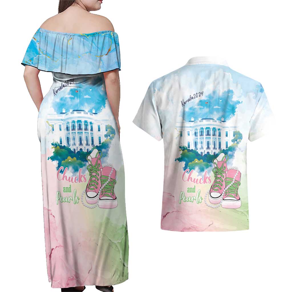 Chucks N Pearls 2024 Couples Matching Off Shoulder Maxi Dress and Hawaiian Shirt Pink Green Rocking The World LT7 - Wonder Print Shop