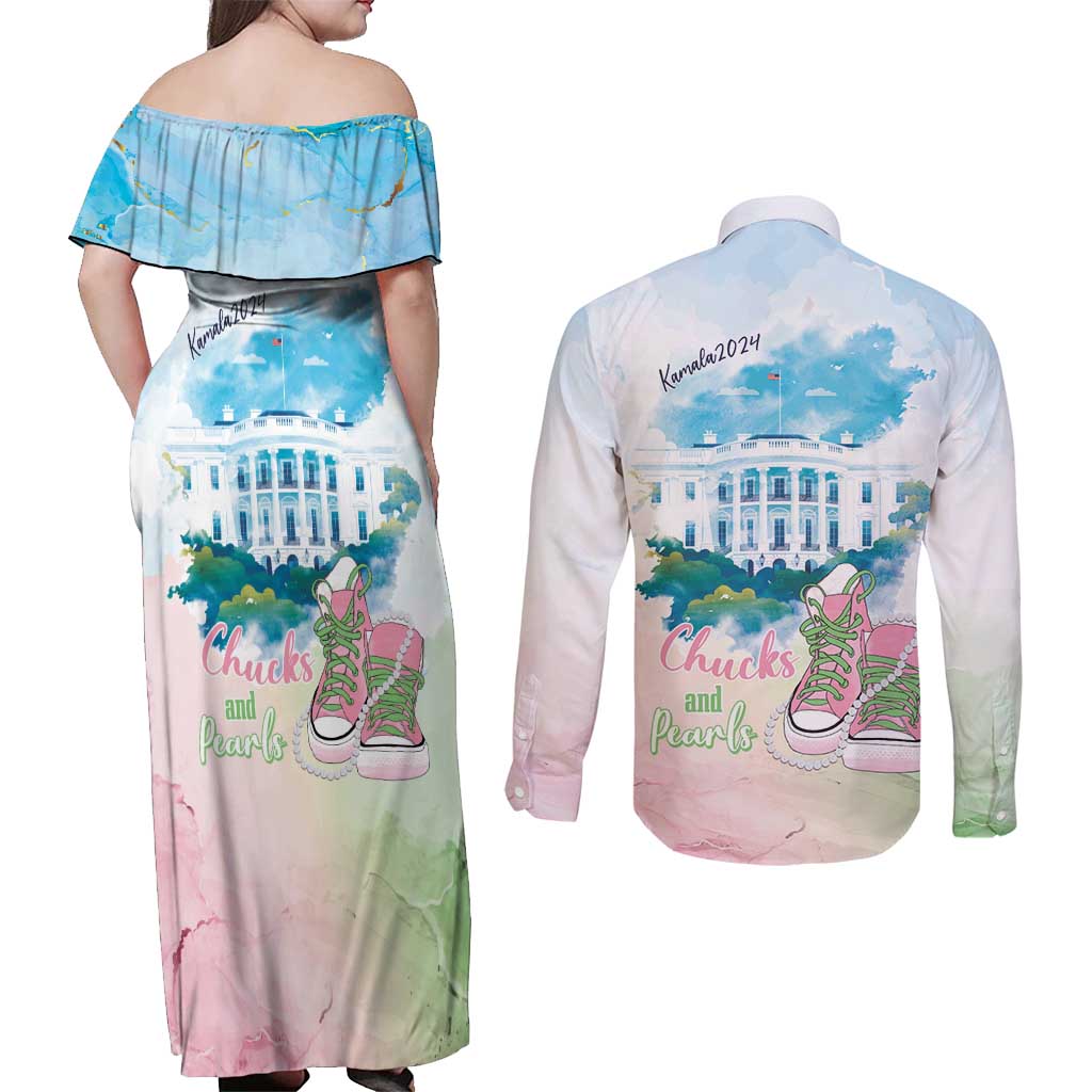 Chucks N Pearls 2024 Couples Matching Off Shoulder Maxi Dress and Long Sleeve Button Shirt Pink Green Rocking The World LT7 - Wonder Print Shop