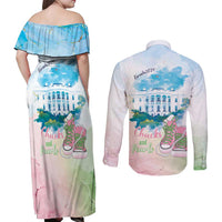 Chucks N Pearls 2024 Couples Matching Off Shoulder Maxi Dress and Long Sleeve Button Shirt Pink Green Rocking The World LT7 - Wonder Print Shop