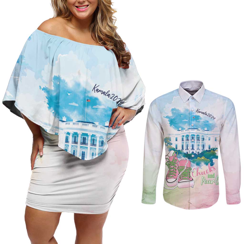 Chucks N Pearls 2024 Couples Matching Off Shoulder Short Dress and Long Sleeve Button Shirt Pink Green Rocking The World LT7 - Wonder Print Shop