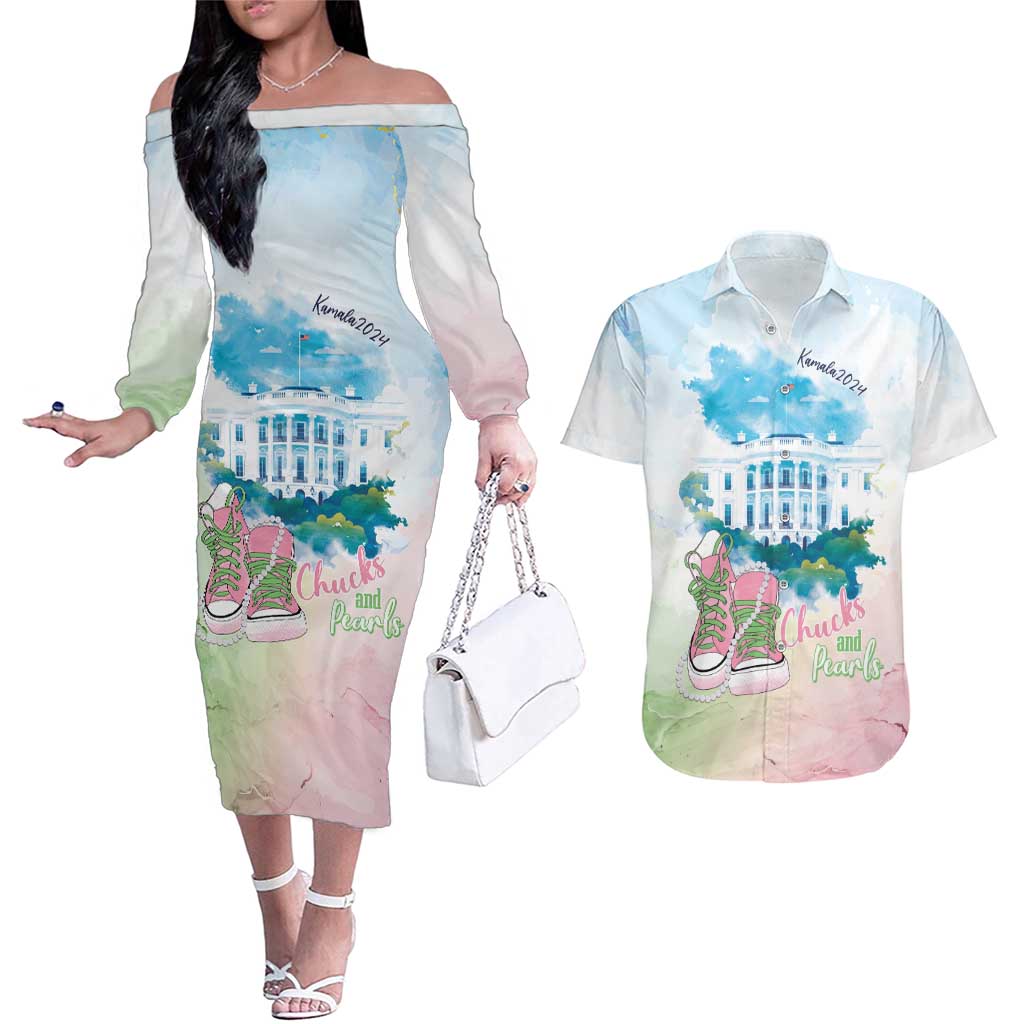 Chucks N Pearls 2024 Couples Matching Off The Shoulder Long Sleeve Dress and Hawaiian Shirt Pink Green Rocking The World LT7 - Wonder Print Shop