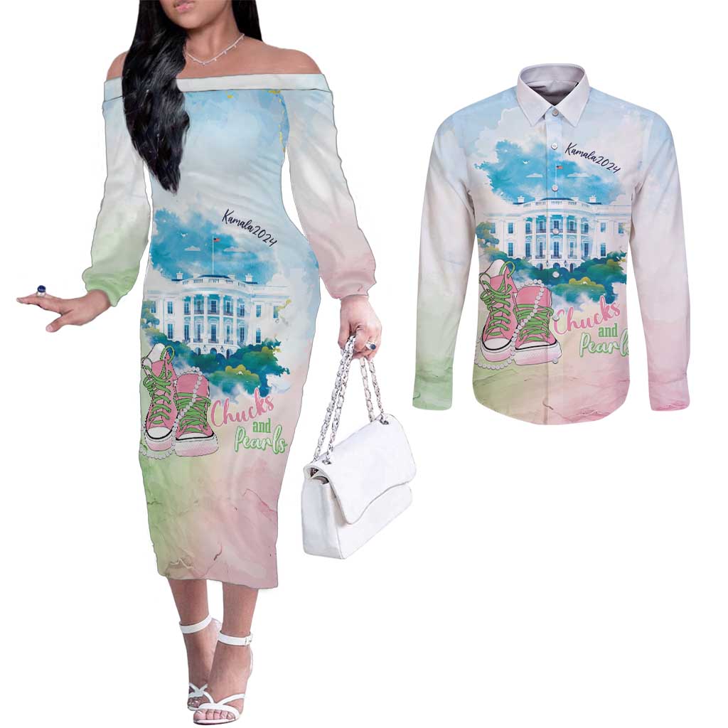Chucks N Pearls 2024 Couples Matching Off The Shoulder Long Sleeve Dress and Long Sleeve Button Shirt Pink Green Rocking The World