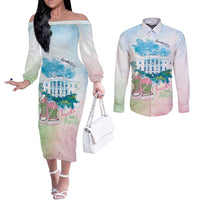 Chucks N Pearls 2024 Couples Matching Off The Shoulder Long Sleeve Dress and Long Sleeve Button Shirt Pink Green Rocking The World