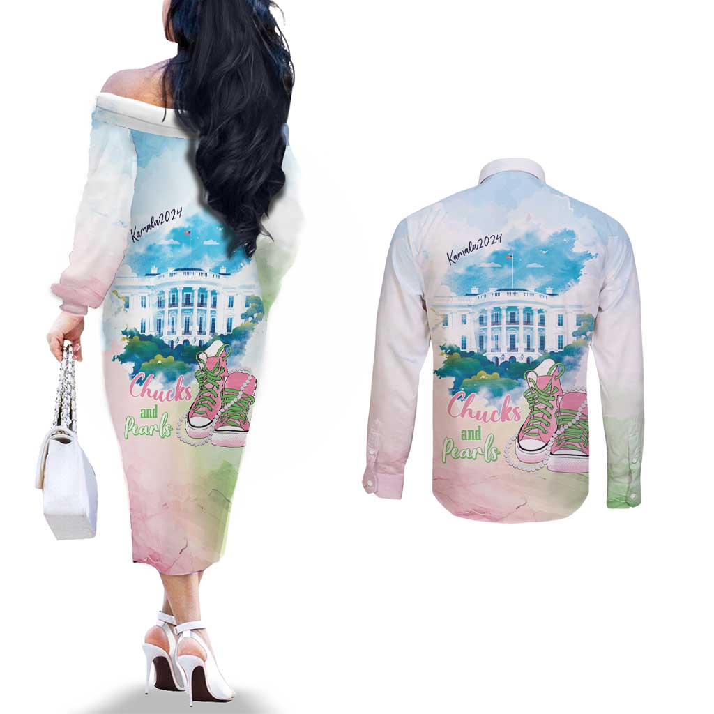 Chucks N Pearls 2024 Couples Matching Off The Shoulder Long Sleeve Dress and Long Sleeve Button Shirt Pink Green Rocking The World