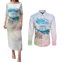 Chucks N Pearls 2024 Couples Matching Puletasi and Long Sleeve Button Shirt Pink Green Rocking The World LT7 - Wonder Print Shop