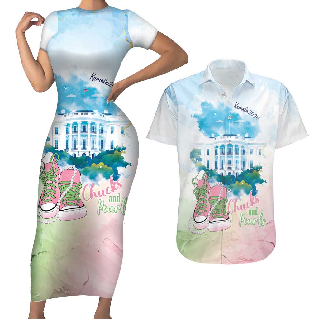 Chucks N Pearls 2024 Couples Matching Short Sleeve Bodycon Dress and Hawaiian Shirt Pink Green Rocking The World LT7 - Wonder Print Shop