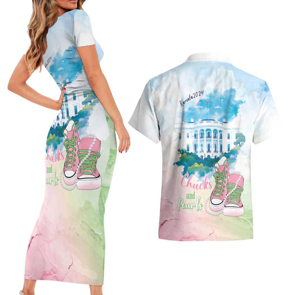 Chucks N Pearls 2024 Couples Matching Short Sleeve Bodycon Dress and Hawaiian Shirt Pink Green Rocking The World LT7 - Wonder Print Shop