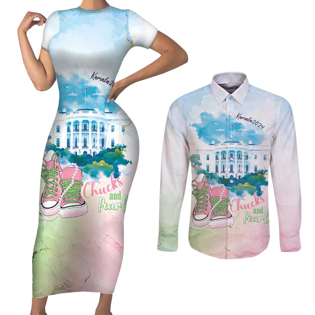 Chucks N Pearls 2024 Couples Matching Short Sleeve Bodycon Dress and Long Sleeve Button Shirt Pink Green Rocking The World LT7 - Wonder Print Shop