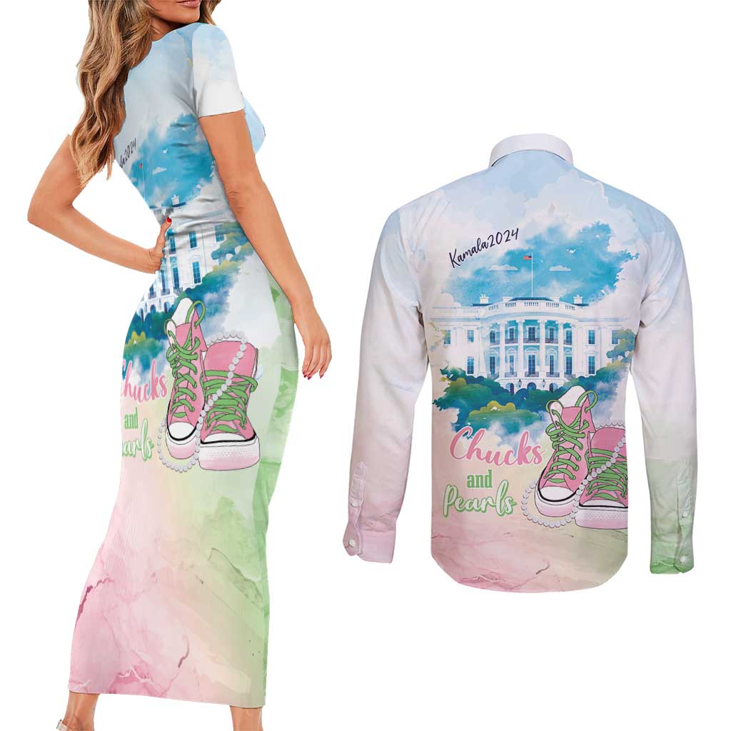 Chucks N Pearls 2024 Couples Matching Short Sleeve Bodycon Dress and Long Sleeve Button Shirt Pink Green Rocking The World LT7 - Wonder Print Shop